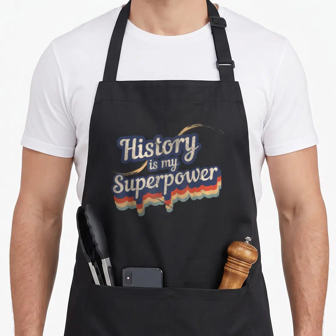 Superpower teacher apron - Retro stacked text History is my Superpower in blue red yellow white with gold swooshes — shown on a black cotton canvas apron against a white background