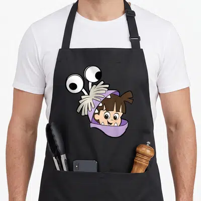 Costume face apron - Child in purple monster costume with two eyes on stalks, brown hair, white teeth, cartoon style — shown on a black cotton canvas apron against a white background