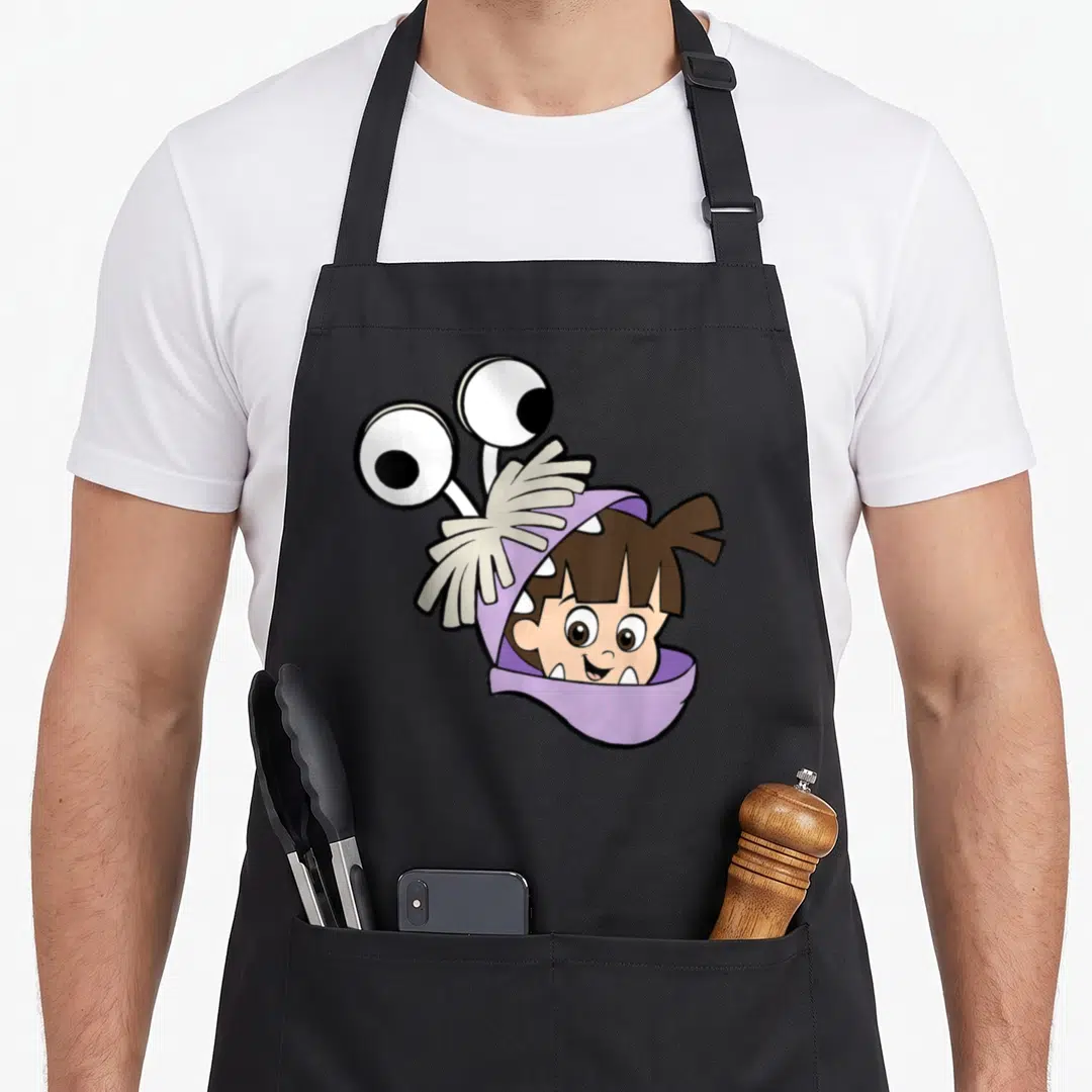 Costume face apron - Child in purple monster costume with two eyes on stalks, brown hair, white teeth, cartoon style — shown on a black cotton canvas apron against a white background