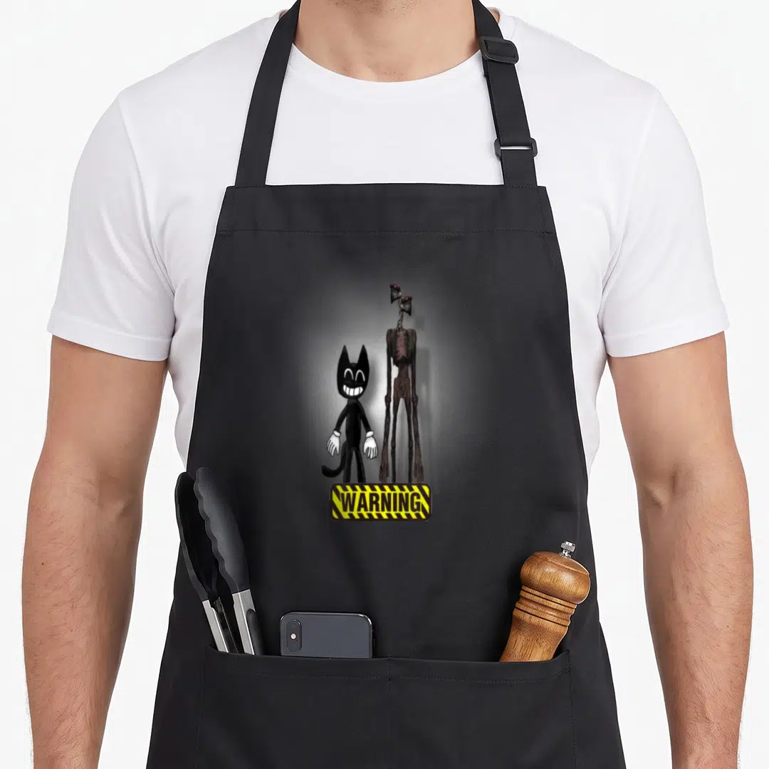 Sirenhead character aprons - Two cartoon monsters standing above a yellow and black striped warning sign — shown on a black cotton canvas apron against a white background