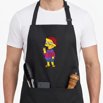 Lisa simpson apron - Cartoon character with red cap and purple striped sweater holding a peace sign — shown on a black cotton canvas apron against a white background