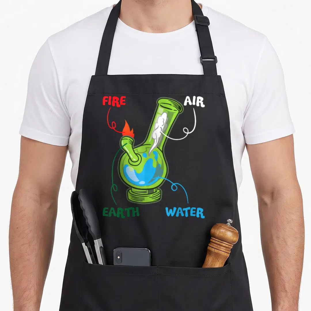 Bong anatomy apron - Green cartoon bong with red flame and blue water labeled fire air earth and water — shown on a black cotton canvas apron against a white background