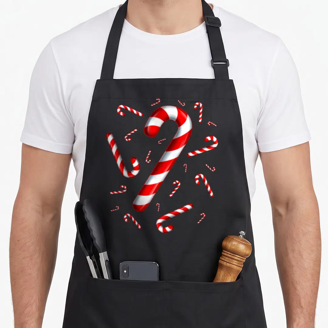 Family candy cane apron - Large realistic red and white candy cane surrounded by smaller scattered candy canes — shown on a black cotton canvas apron against a white background