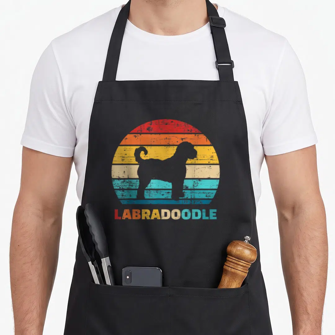 Labradoodle havanese apron - Grey dog silhouette on red orange yellow teal striped sun with labradoodle text — shown on a black cotton canvas apron against a white background