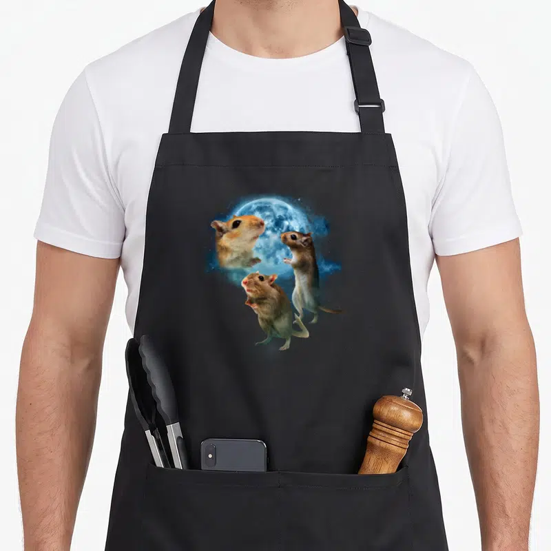 Howling gerbil lover apron - Three realistic hamsters standing before a glowing blue full moon and scattered stars — shown on a black cotton canvas apron against a white background