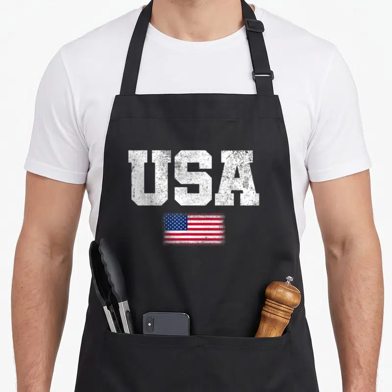 Retro patriotic 4th of july apron - Distressed white USA text above a small red white and blue American flag on an apron — shown on a black cotton canvas apron against a white background