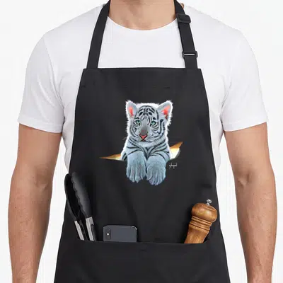 Schim cubs apron - Realistic white tiger cub with blue-grey fur resting paws on brown log — shown on a black cotton canvas apron against a white background