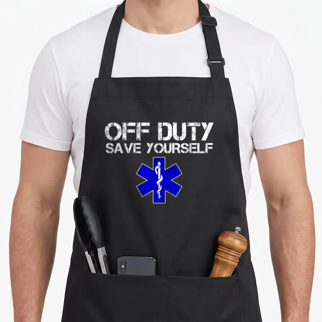 Ems emt apron - Off Duty Save Yourself text above blue Star of Life with white Rod of Asclepius — shown on a black cotton canvas apron against a white background