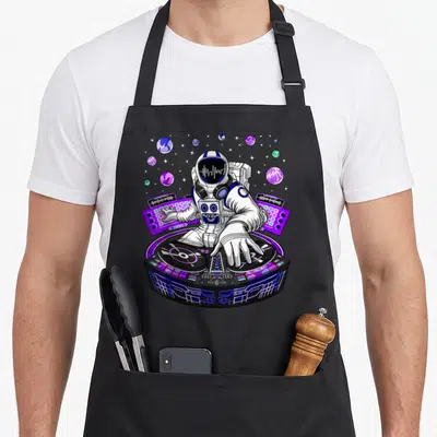 Astronaut edm apron - Cartoon astronaut DJ in space suit using purple controller with planets and stars in background — shown on a black cotton canvas apron against a white background