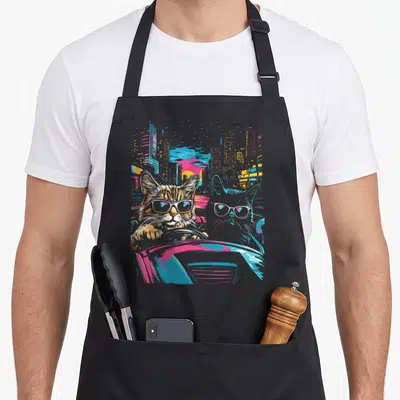Driving quirky apron - Two cats with sunglasses driving a car against a blue pink orange yellow city skyline — shown on a black cotton canvas apron against a white background