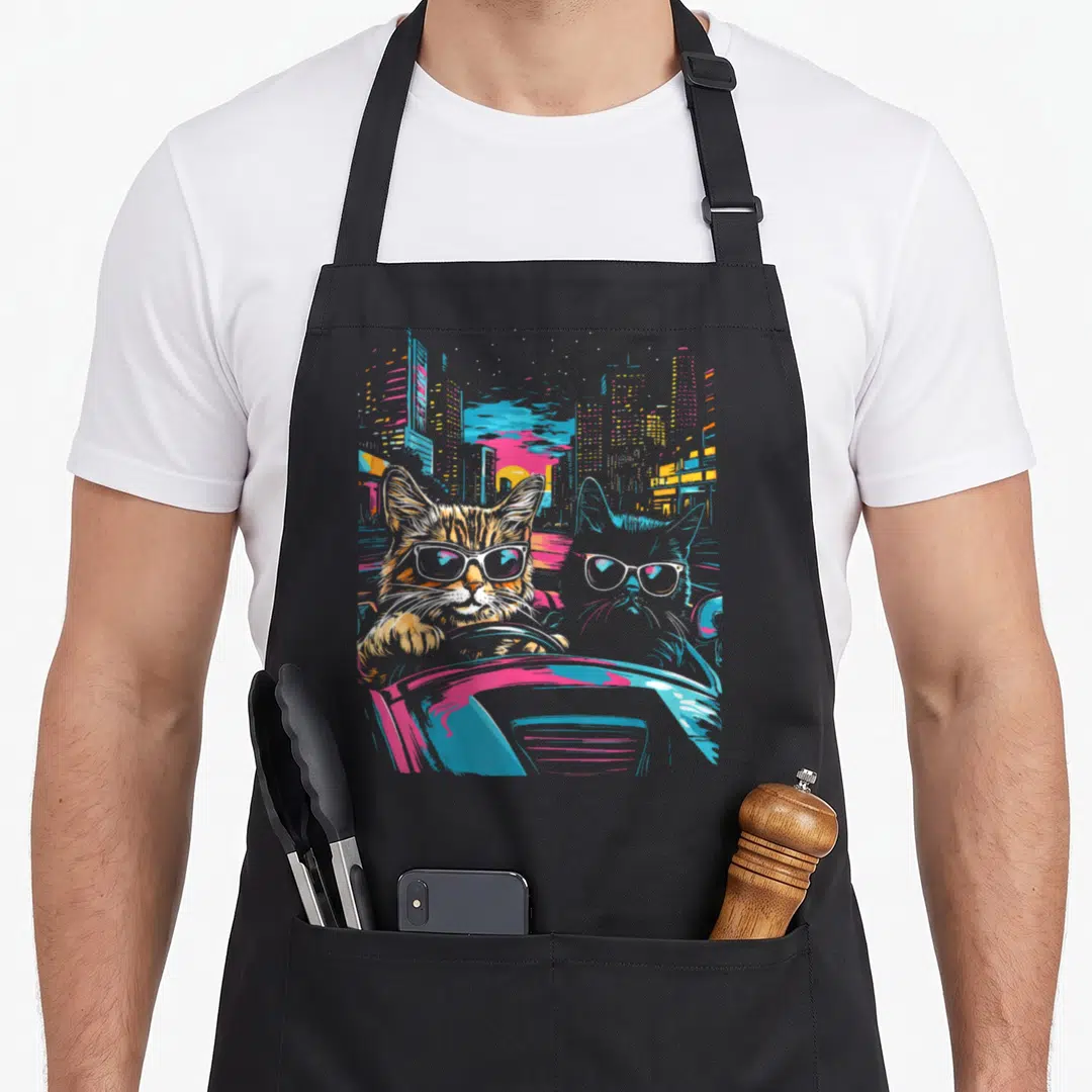 Driving quirky apron - Two cats with sunglasses driving a car against a blue pink orange yellow city skyline — shown on a black cotton canvas apron against a white background