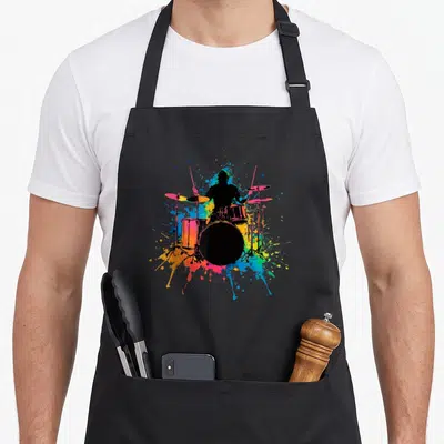 Drummer colorful aprons - Black drummer silhouette over blue red yellow green pink paint splatters — shown on a black cotton canvas apron against a white background