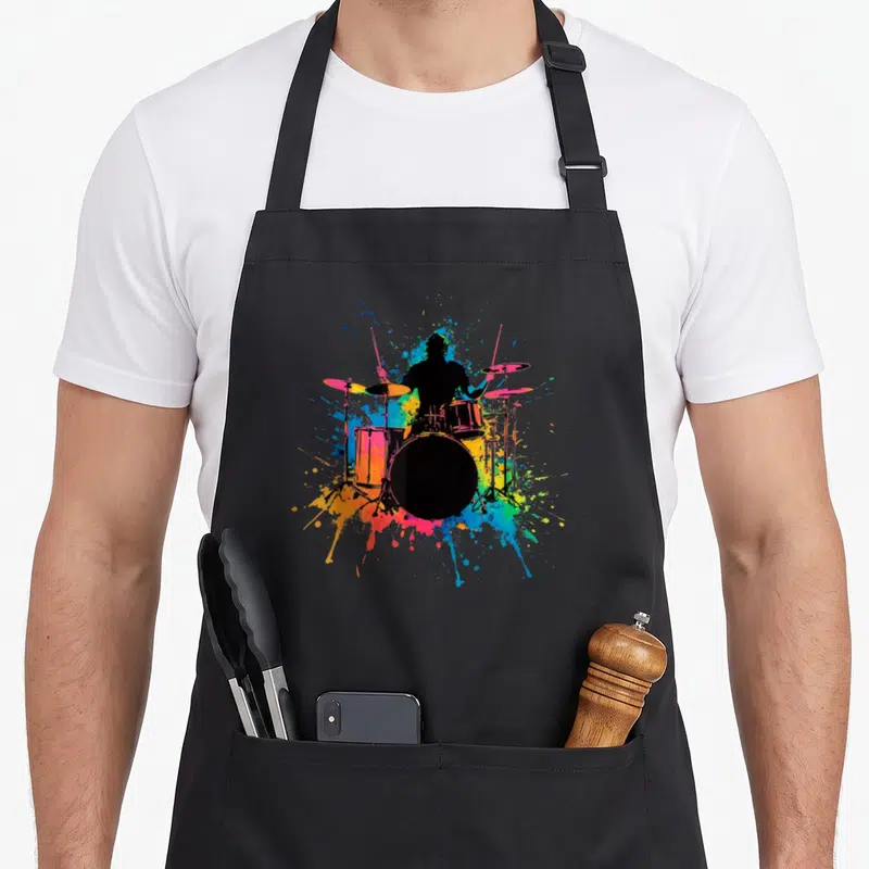 Drummer colorful aprons - Black drummer silhouette over blue red yellow green pink paint splatters — shown on a black cotton canvas apron against a white background