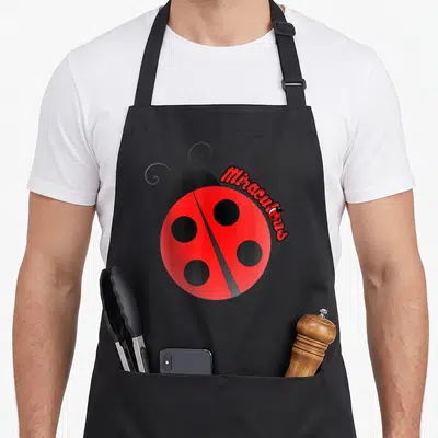 Miracle ladybug apron - Red cartoon ladybug with four black spots and curved Miraculous text on upper right shell — shown on a black cotton canvas apron against a white background