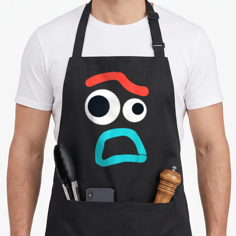 Timid camping apron - Cartoon face with red eyebrow, two white eyes, and light blue mouth on black fabric — shown on a black cotton canvas apron against a white background