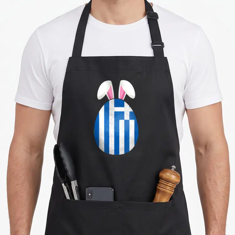 Greece easter egg apron - Blue and white striped egg with pair of pink and white bunny ears in cartoon style — shown on a black cotton canvas apron against a white background