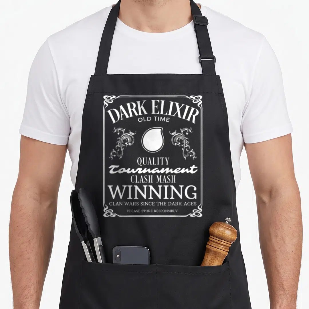 Dark long player apron - White retro label design with elixir drop and text reading DARK ELIXIR and CLAN WARS SINCE — shown on a black cotton canvas apron against a white background