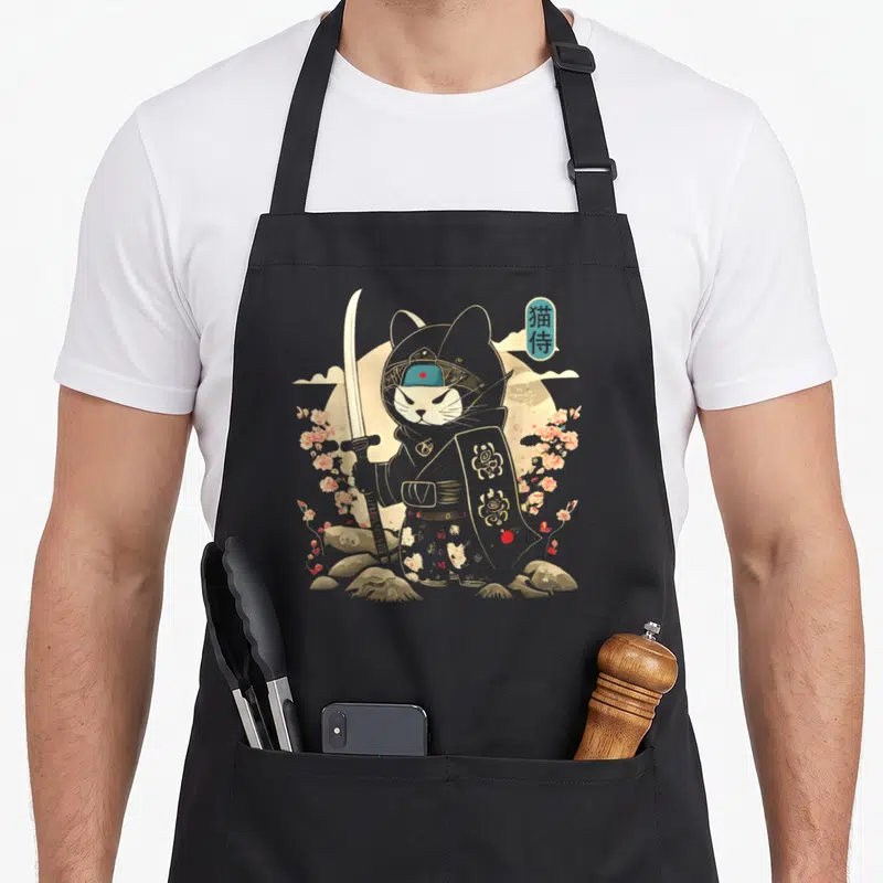 Japanese samurai cat apron - Cartoon cat samurai holding a sword surrounded by pink blossoms and Japanese characters — shown on a black cotton canvas apron against a white background