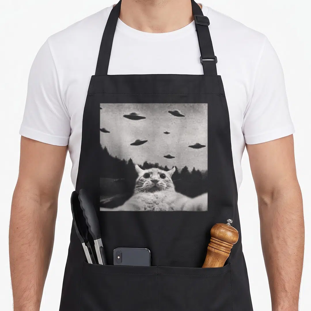 Threadweird cat apron - Grey cat head looking up at scattered UFO shapes in photo style — shown on a black cotton canvas apron against a white background