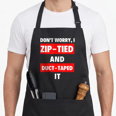 Worry jdm lover apron - White text in red blocks reading DON'T WORRY I ZIP TIED AND DUCT TAPED IT — shown on a black cotton canvas apron against a white background