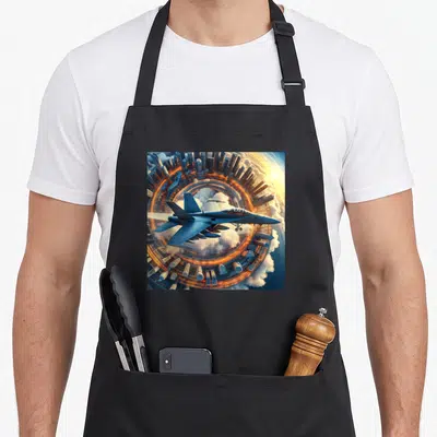Jet aviation apron - Blue fighter jet flying through circular futuristic city with orange light trails and clouds — shown on a black cotton canvas apron against a white background