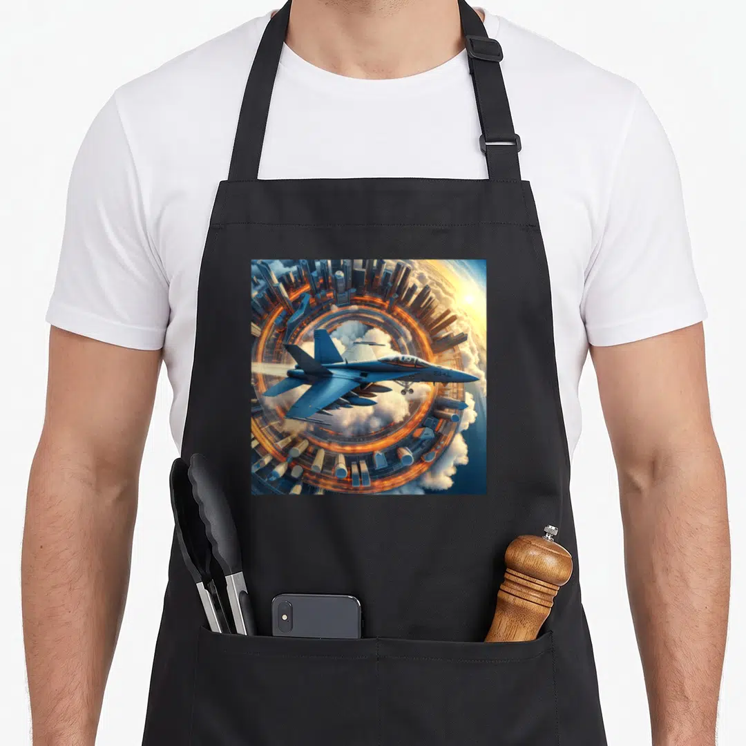 Jet aviation apron - Blue fighter jet flying through circular futuristic city with orange light trails and clouds — shown on a black cotton canvas apron against a white background