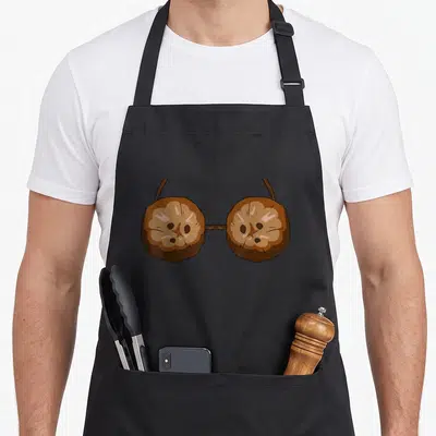 Costume coconut apron - Cartoon brown coconut halves connected by husk forming glasses with upward stems — shown on a black cotton canvas apron against a white background