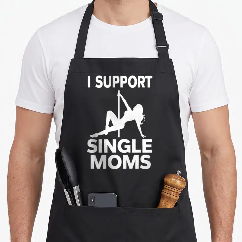 Trash inappropriate humor co apron - White I Support Single Moms text with pole dancer silhouette — shown on a black cotton canvas apron against a white background