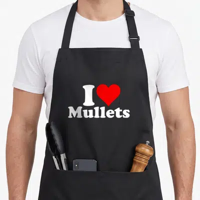 Grape i love my sea apron - White letter I next to red heart with Mullets text below — shown on a black cotton canvas apron against a white background