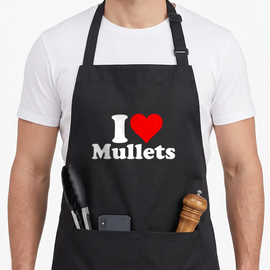 Grape i love my sea apron - White letter I next to red heart with Mullets text below — shown on a black cotton canvas apron against a white background