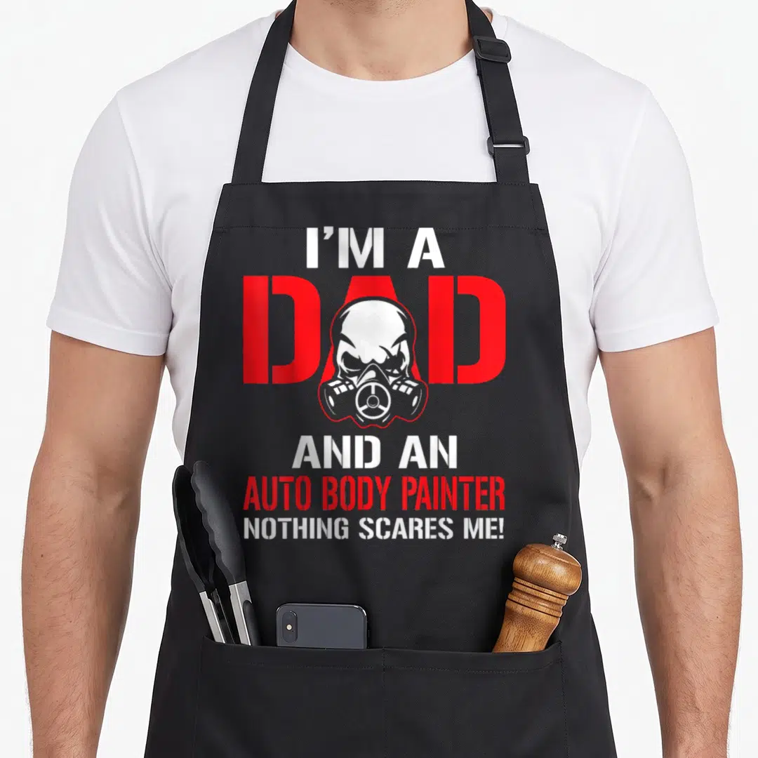 Body painter apron - Stacked text I'm a Dad Auto Body Painter with skull gas mask in red white grey — shown on a black cotton canvas apron against a white background