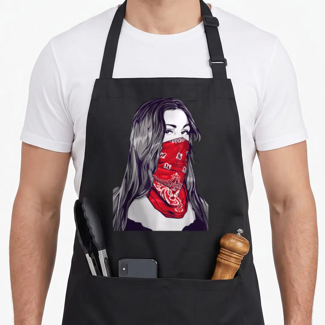 Gangster rockabilly apron - Line art of a woman wearing a red paisley bandana covering her face — shown on a black cotton canvas apron against a white background