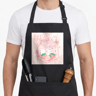 Strawberry kawaii aprons - Pink milk carton with strawberries, rabbit, flowers, and Japanese text — shown on a black cotton canvas apron against a white background
