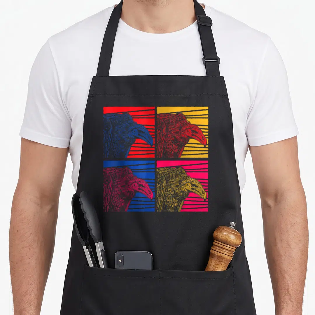 Scavenger halloween apron - Four vulture profiles in red blue yellow pink pop art grid with striped backgrounds — shown on a black cotton canvas apron against a white background