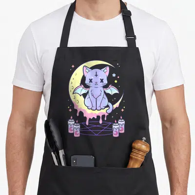 Kawaii pastel goth apron - Purple winged cat on melting yellow moon above purple pentagram and four white candles — shown on a black cotton canvas apron against a white background