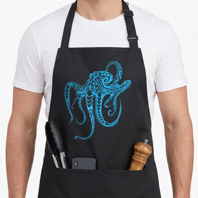 Tribal polynesian apron - light blue line-art octopus with tribal patterns centered on gray background — shown on a black cotton canvas apron against a white background