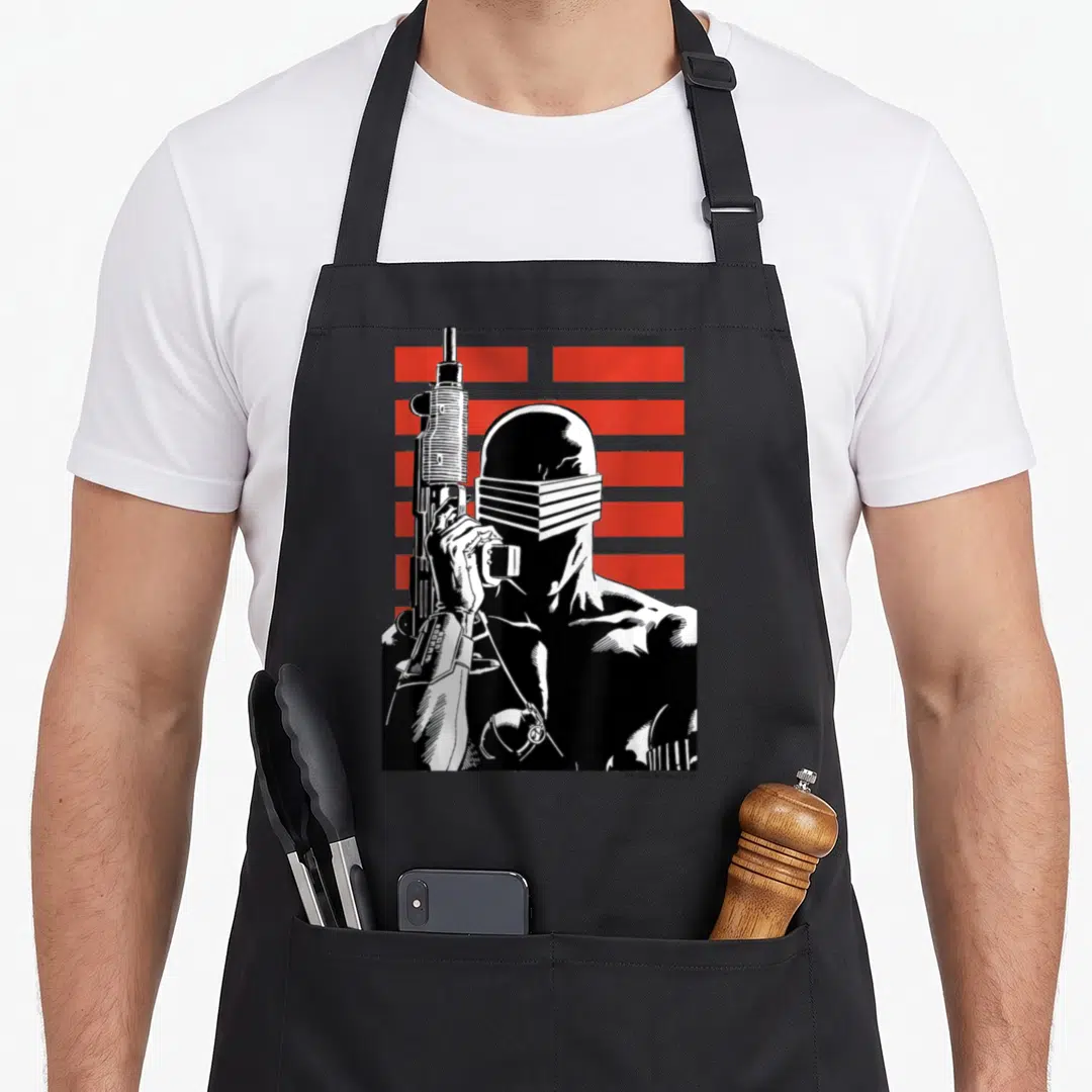 Joe stripe apron - Black white line art man holding gun with five red horizontal stripes behind head — shown on a black cotton canvas apron against a white background