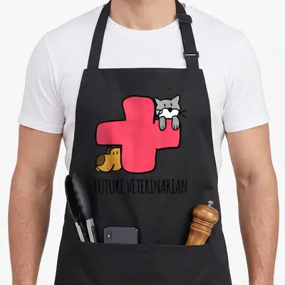 Veterinarian vet doctor apron - Pink medical cross with grey cat and brown dog peeking over edges above black text — shown on a black cotton canvas apron against a white background