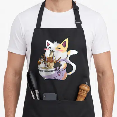 Bowl cat apron - Large white and orange cat eating noodles from purple bowl with three smaller cats inside — shown on a black cotton canvas apron against a white background