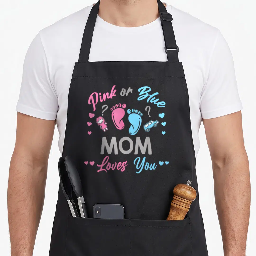 Cool blue apron or apron - Pink and blue footprints with girl, car, hearts and stacked text on grey background — shown on a black cotton canvas apron against a white background