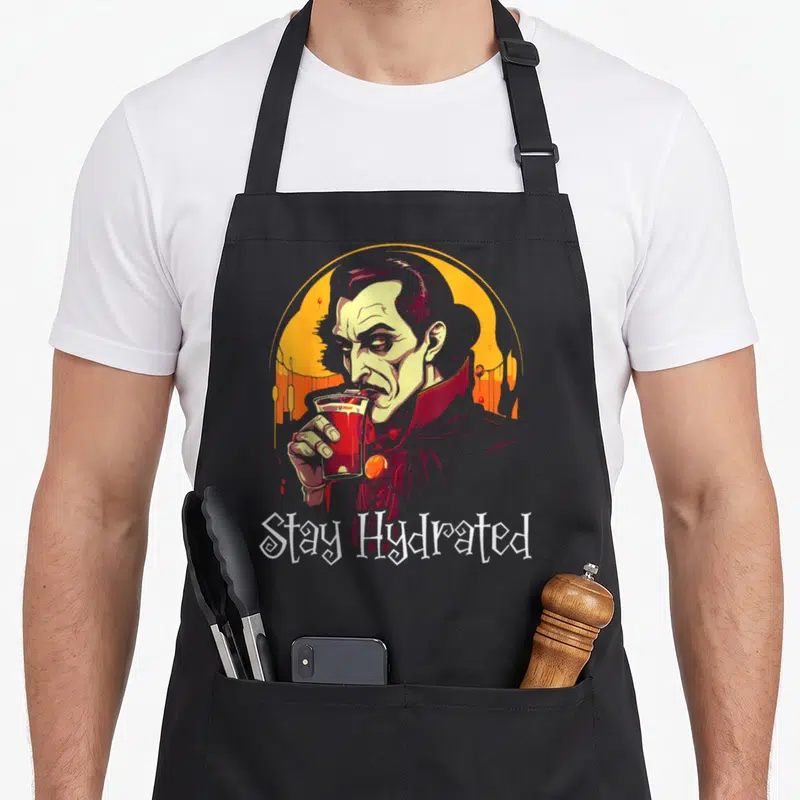 Dracula halloween apron - Cartoon vampire drinking red liquid in orange circle with Stay Hydrated text below — shown on a black cotton canvas apron against a white background