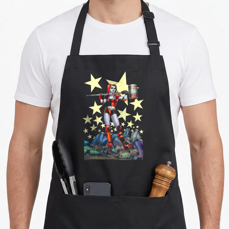 Cute hammer apron - Harley Quinn holding mallet over shoulders amidst yellow stars and scattered roller skates — shown on a black cotton canvas apron against a white background