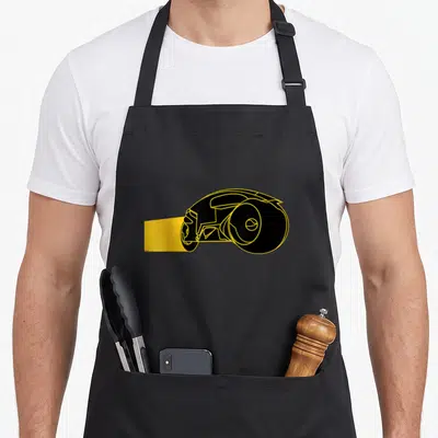 Tron game aprons - Black podracer with yellow outlines and motion blur trail on canvas — shown on a black cotton canvas apron against a white background
