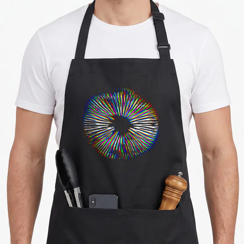 Present mushroom apron - Abstract sunburst of red blue green yellow and white lines radiating from a central hole — shown on a black cotton canvas apron against a white background