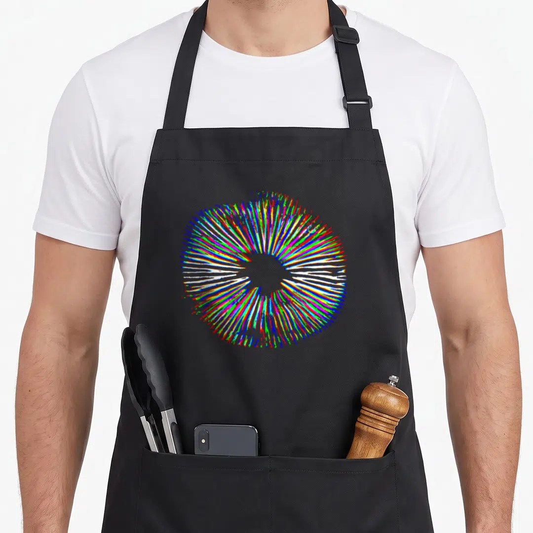 Present mushroom apron - Abstract sunburst of red blue green yellow and white lines radiating from a central hole — shown on a black cotton canvas apron against a white background