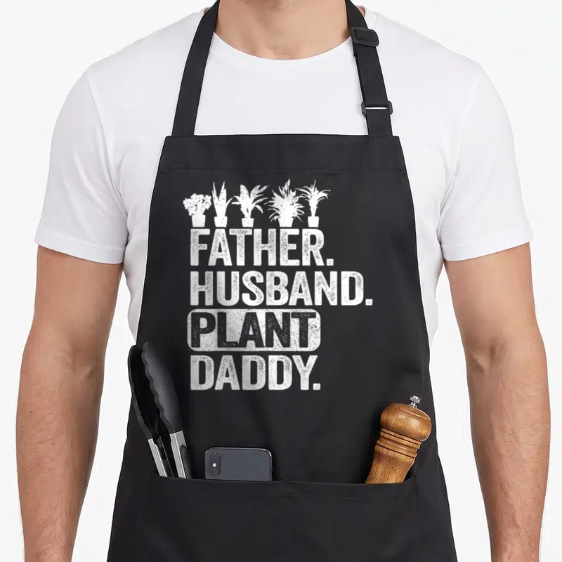 Husband gardener apron - Five white potted plants above stacked distressed text reading Father Husband Plant Daddy — shown on a black cotton canvas apron against a white background
