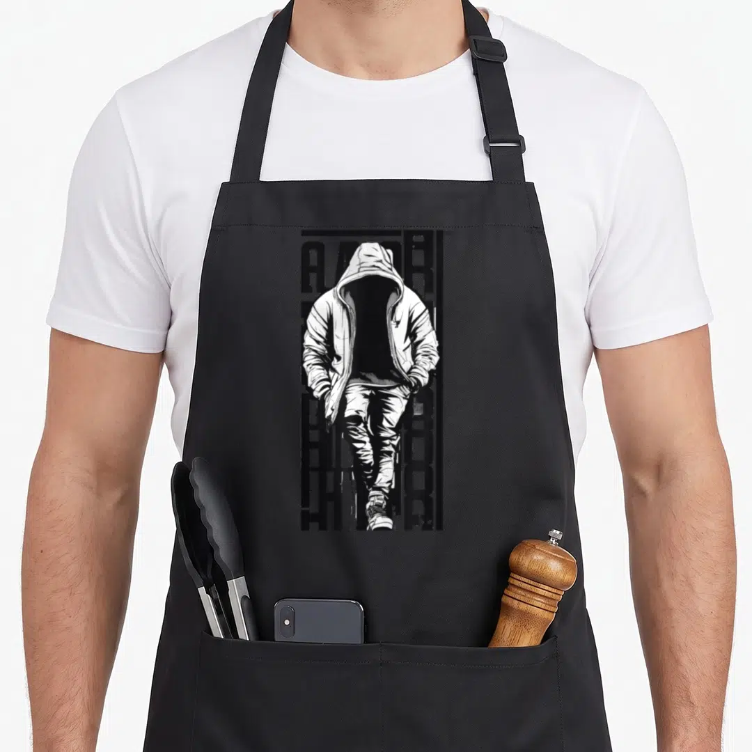 Rapper streetwear apron - White line art of hooded figure against black abstract shapes — shown on a black cotton canvas apron against a white background