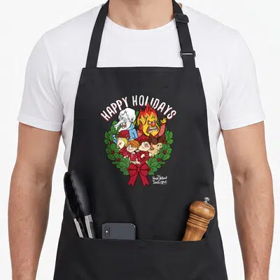 Wreath santa claus apron - Happy Holidays text over cartoon characters in green holly wreath with red bow — shown on a black cotton canvas apron against a white background