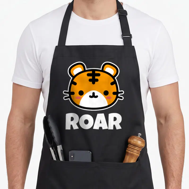 Roar kawaii apron - Cartoon orange tiger head with black stripes and white ROAR text below — shown on a black cotton canvas apron against a white background