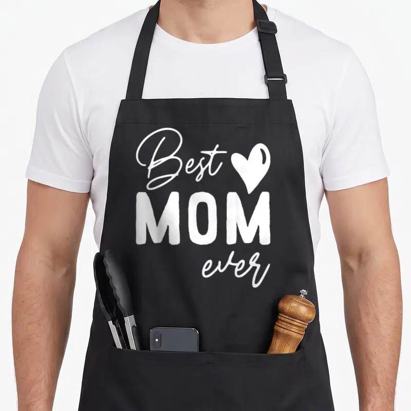 Funny mother daughter apron - White stacked text reading Best MOM ever with a heart shape on black fabric — shown on a black cotton canvas apron against a white background